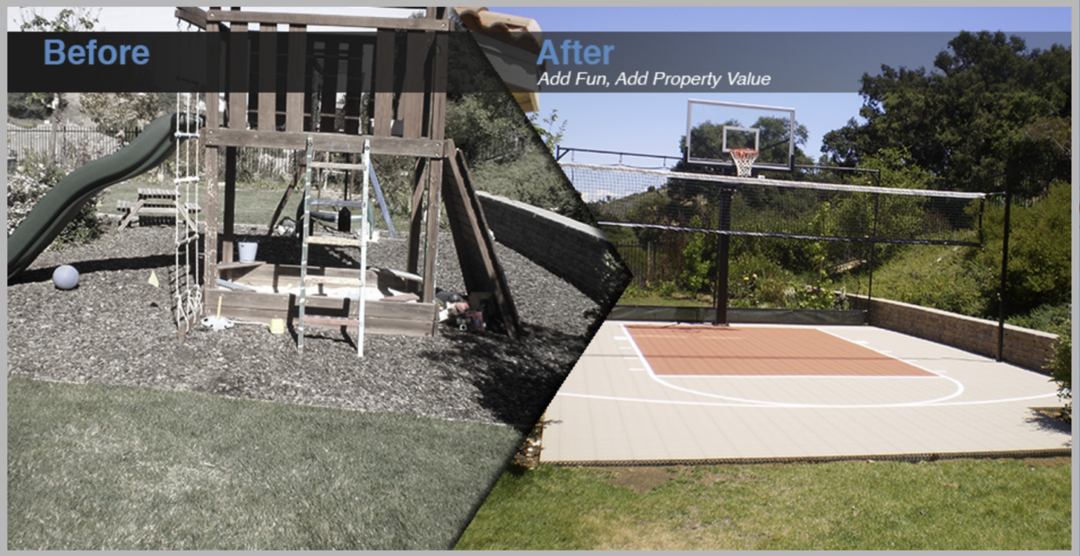 Before and after backyard transformation into a basketball court by Dream Courts